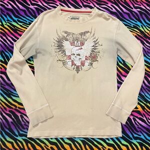 No Boundaries y2kMen's Long Sleeve Graphic Tee in Cream with Red and Black Print